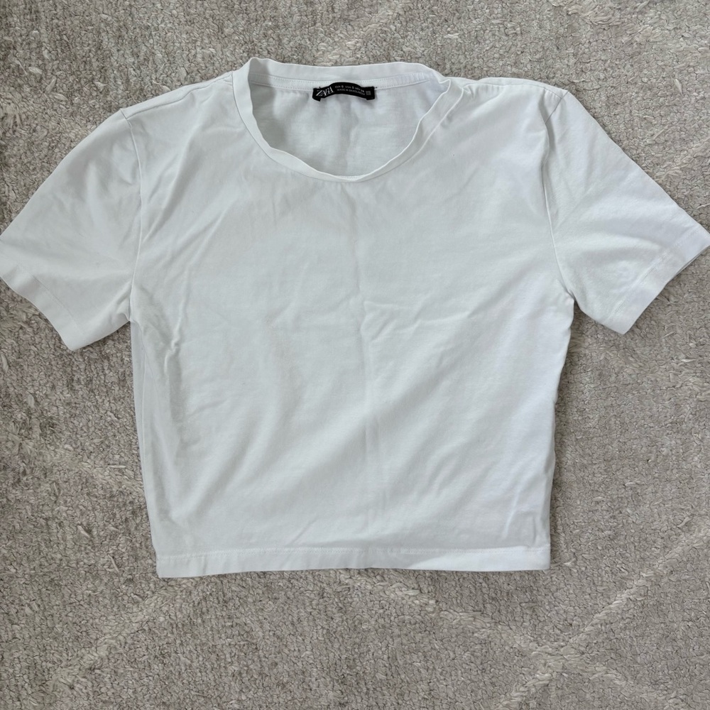 Zara White Crop Tee Fitted Short Sleeve